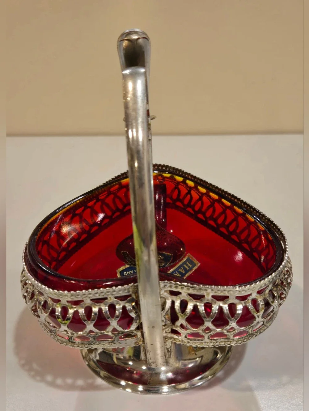 Vintage Brama Crystal Red Glass Heart Dish with Silver Spoon
